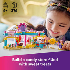 LEGO Friends Heartlake City Candy Store interior features colorful shelves for pretend shopping