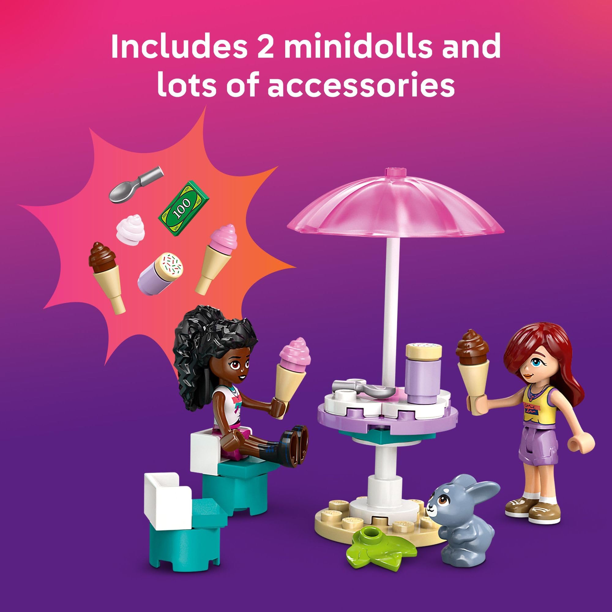 LEGO Friends Heartlake City Ice Cream Truck minidolls close-up featuring Paisley and Elsa D