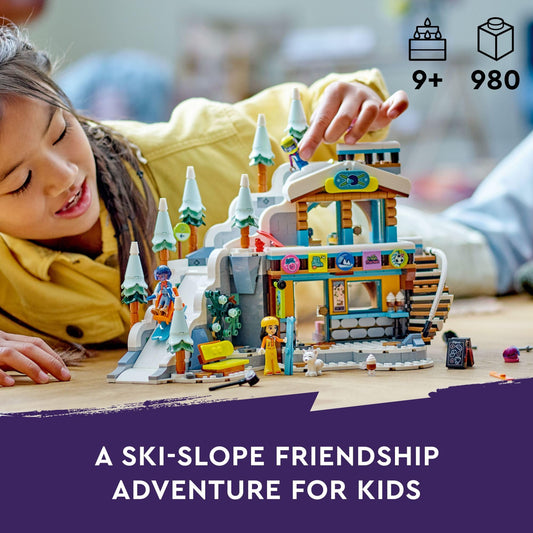 LEGO Friends Holiday Ski Slope and Café featuring Liann, Zac and Aron ready for winter play.