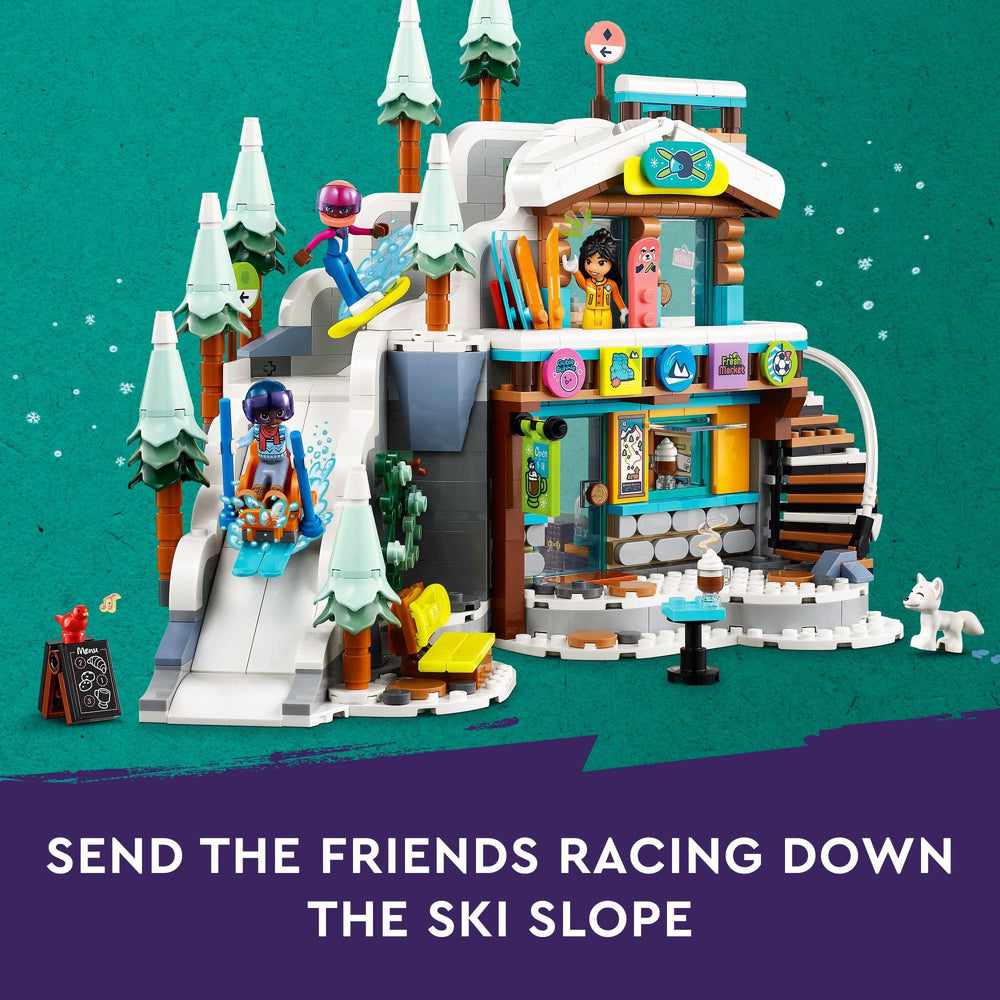 LEGO Friends Holiday Ski Slope and Café skis, snowboards and helmets for action packed scenes.