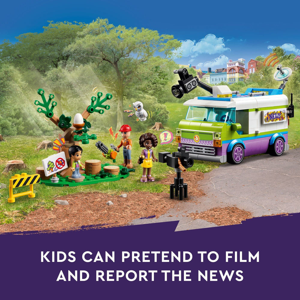 LEGO Friends Newsroom Van camera crane adds dynamic filming angles for adventures.