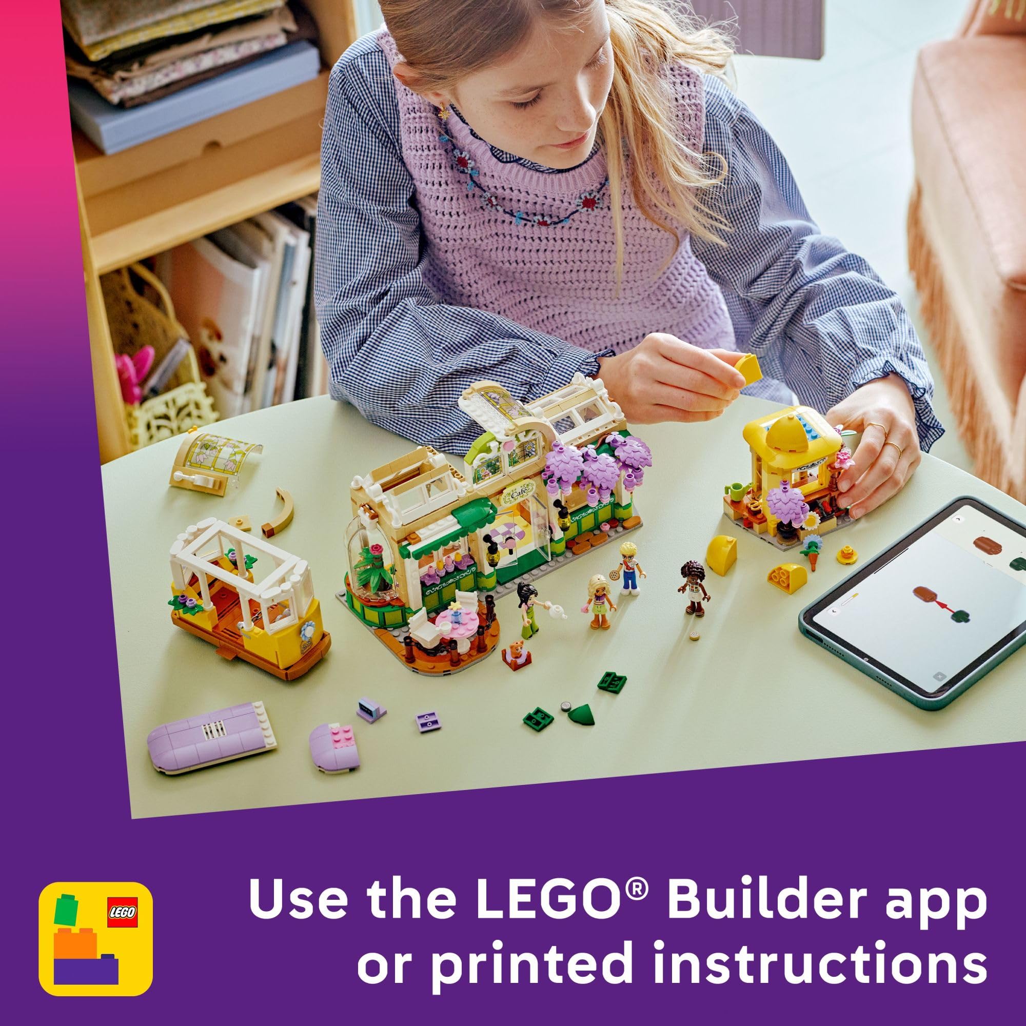 LEGO Friends Plant Café outdoor seating and streetcar area enhances pretend play.