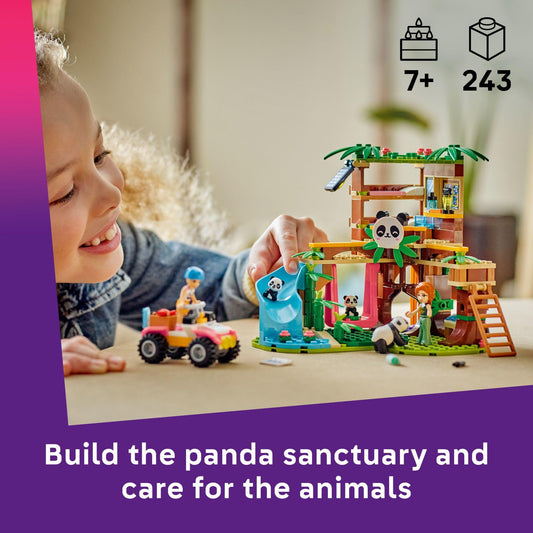 LEGO Friends Panda Sanctuary ATV delivers bamboo snacks for realistic pretend rescues.