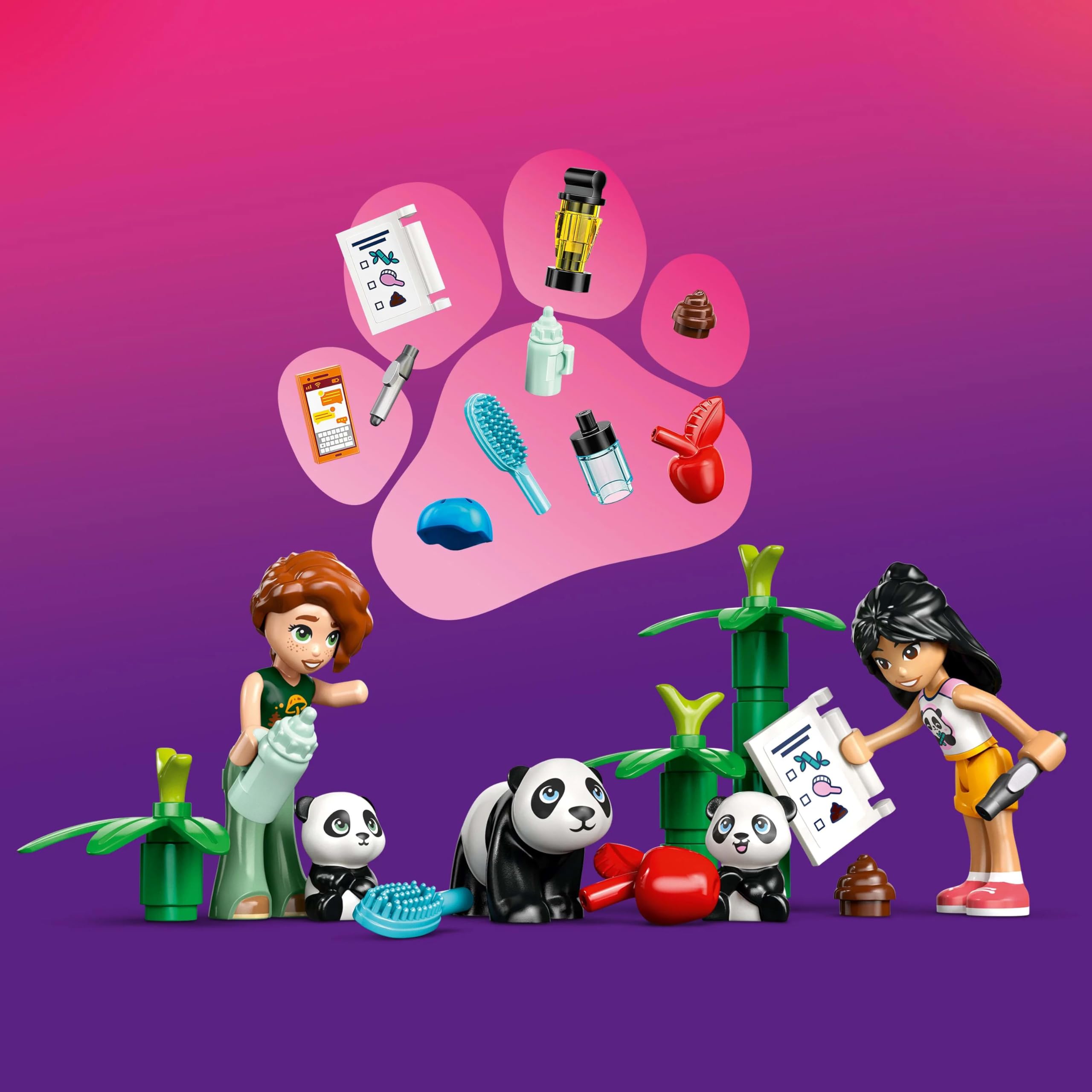 LEGO Friends Panda Sanctuary care items inspire nurturing play.
