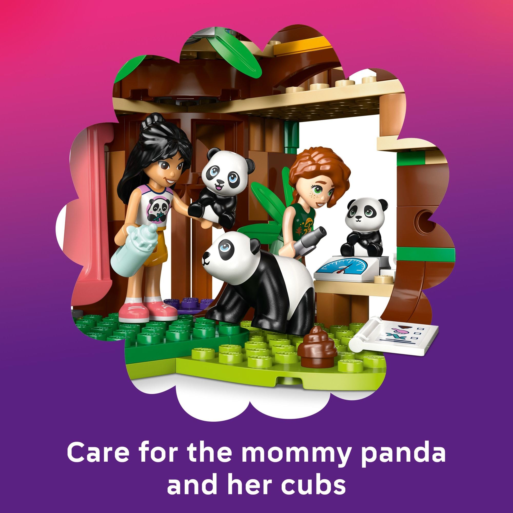 LEGO Friends Panda Sanctuary grooming tools support caregiving skills with precision.