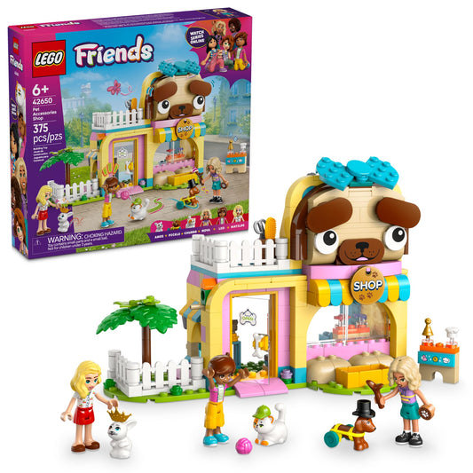 LEGO Friends Pet Accessories Shop exterior invites imaginative pretend shopping.