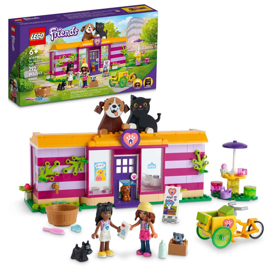 LEGO Friends Pet Adoption Café exterior view showcases a welcoming storefront for imaginative play