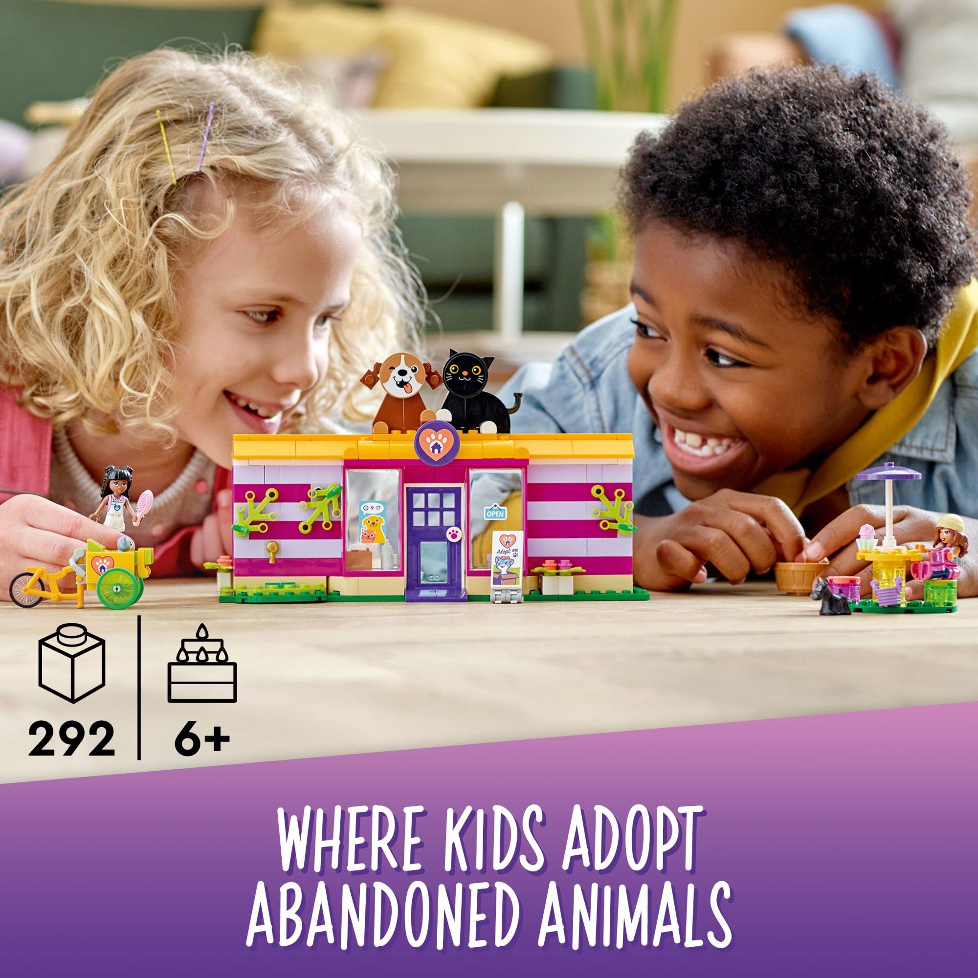 LEGO Friends Pet Adoption Café interior with a cozy reception area for nurturing pet stories