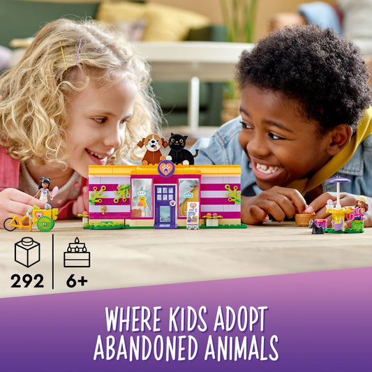 LEGO Friends Pet Adoption Café interior with a cozy reception area for nurturing pet stories