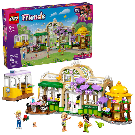 LEGO Friends Plant Café exterior with streetcar, inviting play and storytelling.