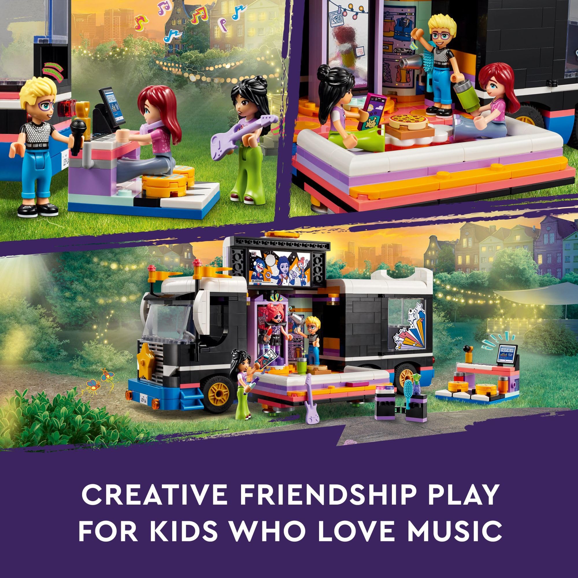 LEGO Friends Pop Star Music Tour Bus accessories include autograph photo and fashion items.