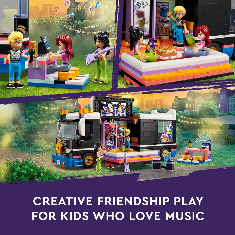 LEGO Friends Pop Star Music Tour Bus accessories include autograph photo and fashion items.