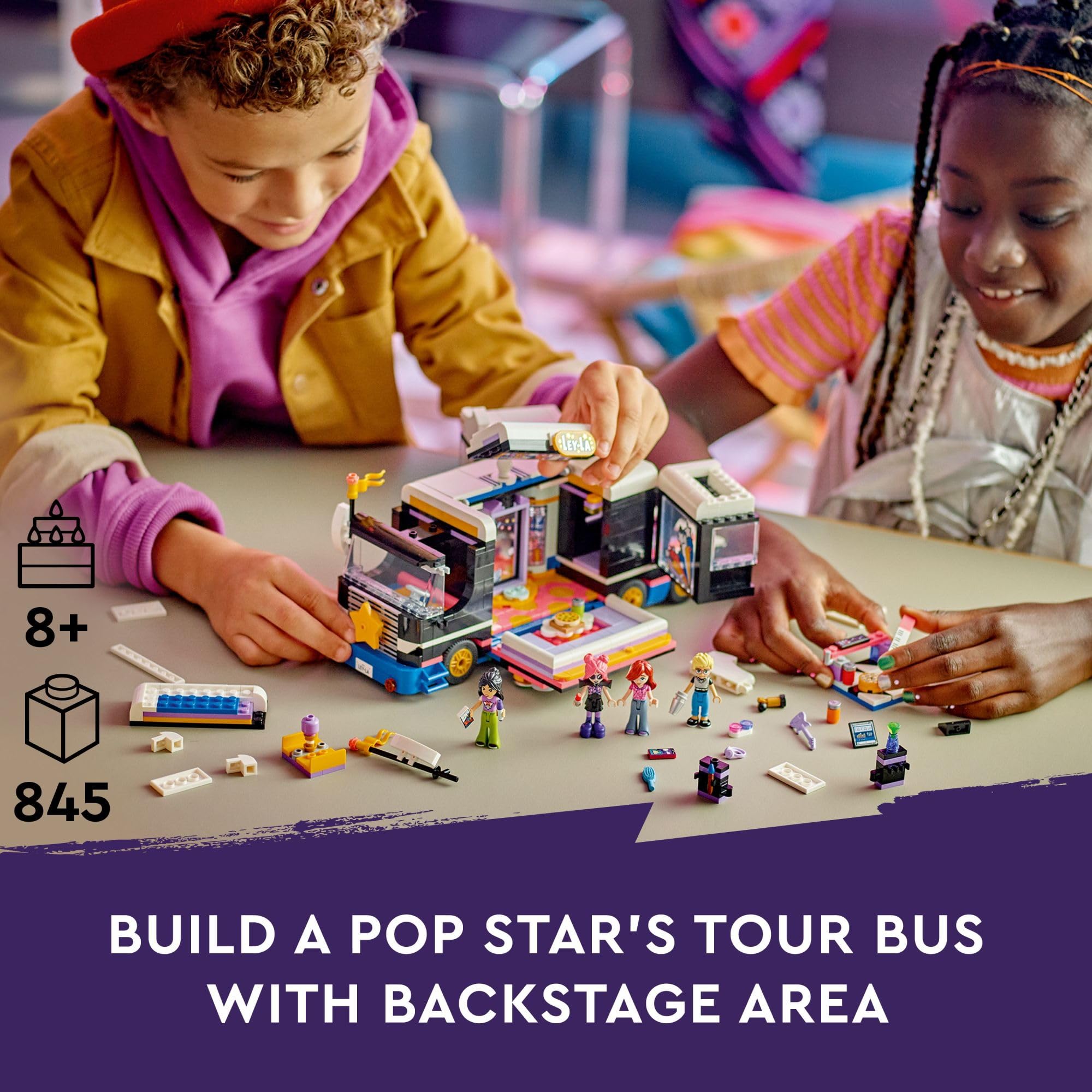 LEGO Friends Pop Star Music Tour Bus side view for expansive role-play setup.