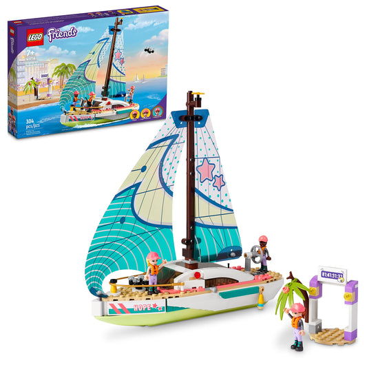 LEGO Friends Stephanie's Sailing Adventure boat front view with flexible sail for imaginative sailing play.