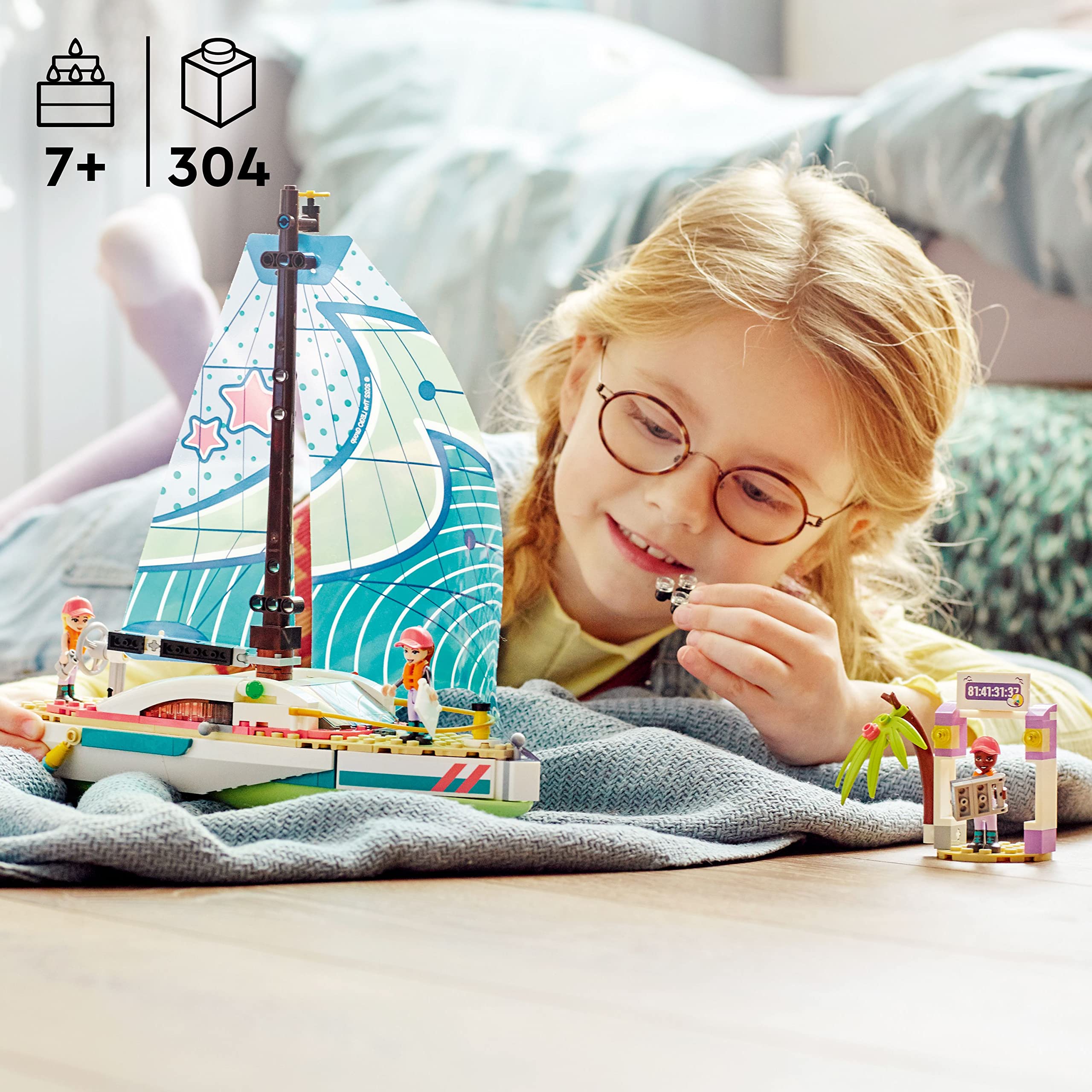 LEGO Friends Stephanie's Sailing Adventure sail close-up showing realistic rigging for kid-friendly building.
