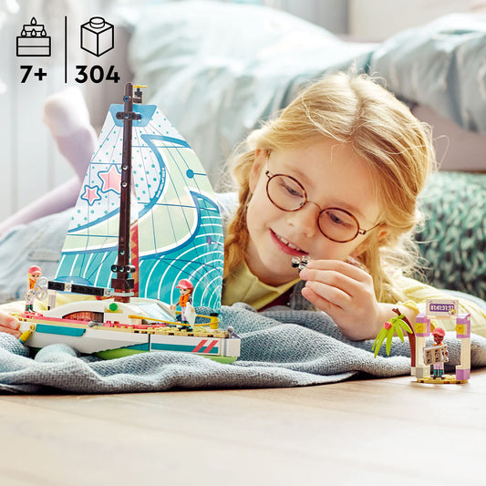 LEGO Friends Stephanie's Sailing Adventure sail close-up showing realistic rigging for kid-friendly building.