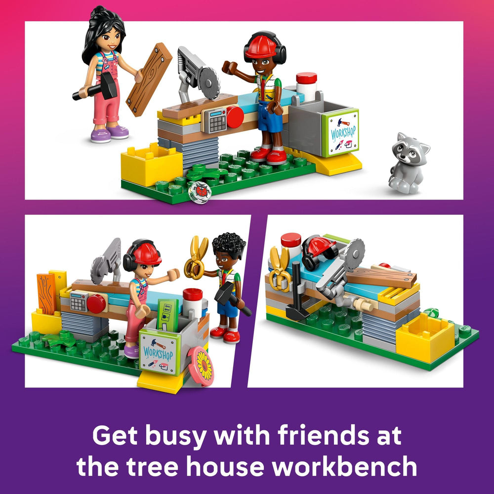 LEGO Friends Tree House Hangout includes dog and raccoon figures for playful scenes.