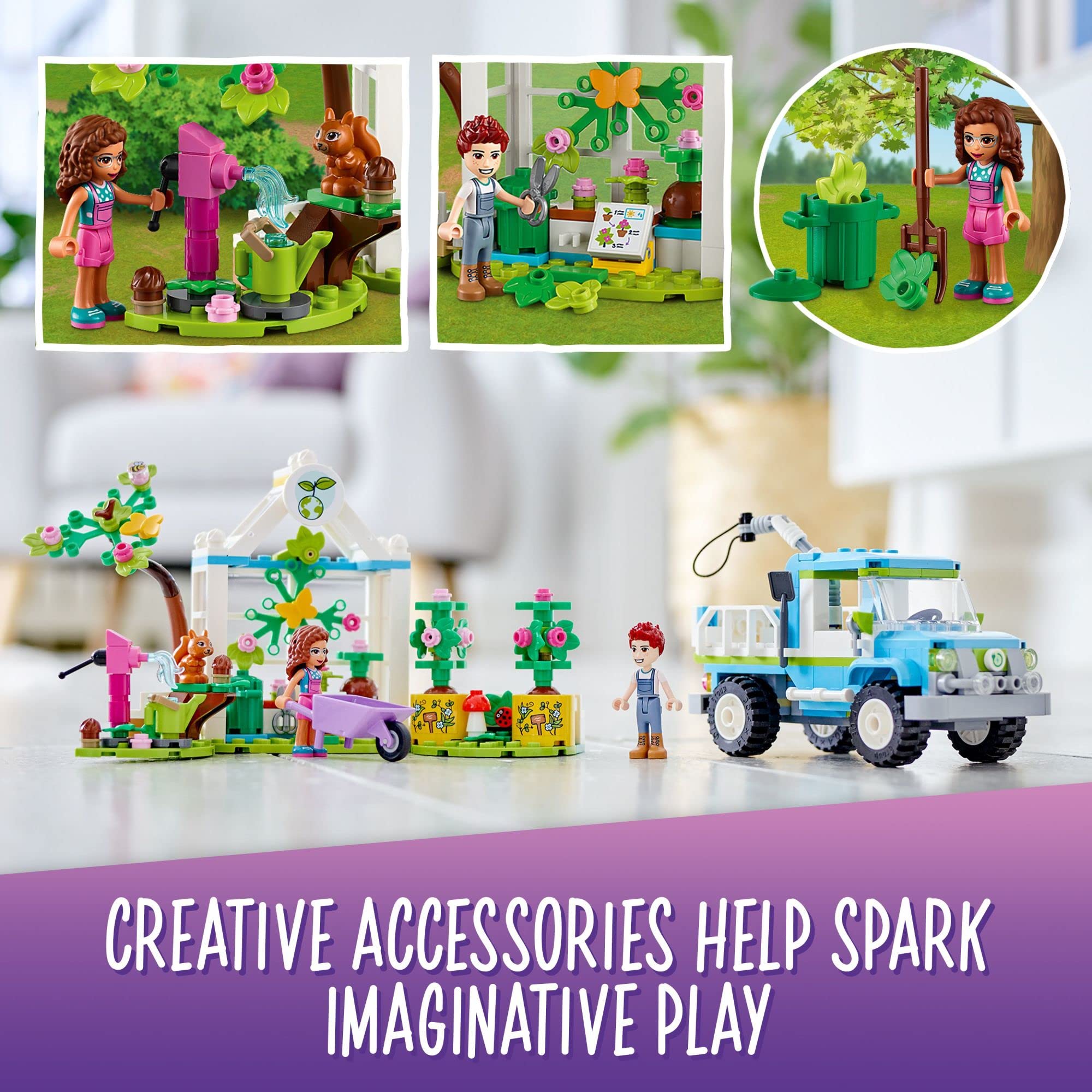 LEGO Friends Tree-Planting Vehicle tree nursery and greenhouse invite nurturing garden play.