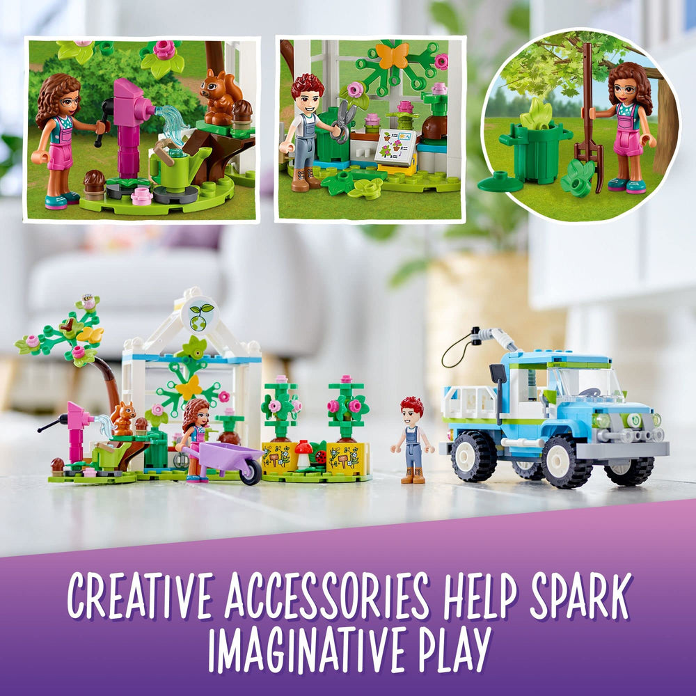 LEGO Friends Tree-Planting Vehicle tree nursery and greenhouse invite nurturing garden play.