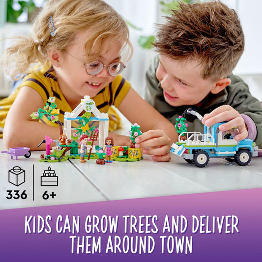 LEGO Friends Tree-Planting Vehicle articulating-arm truck enables precise planting scenes.