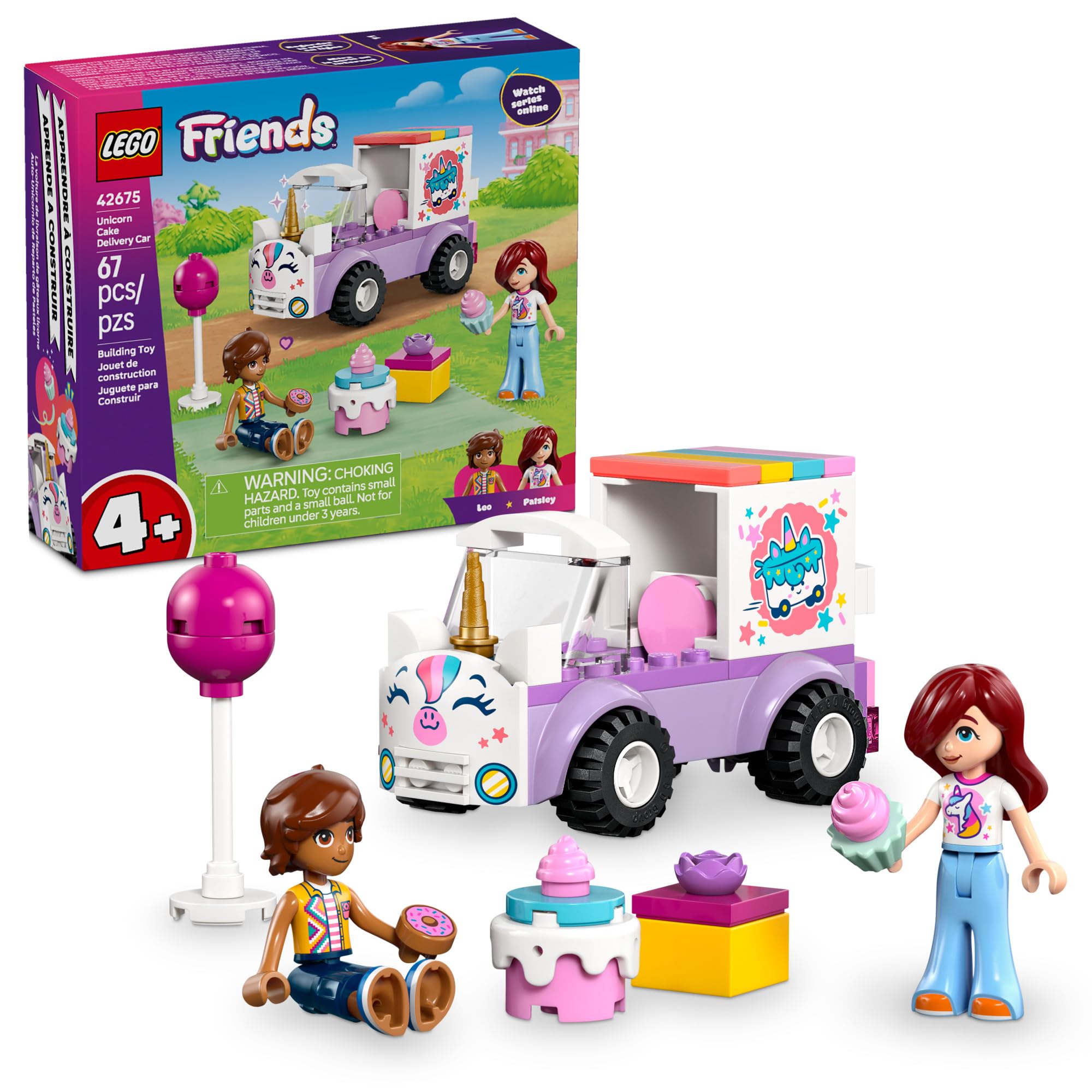 LEGO Friends front view of unicorn cake delivery car showing colorful design and play value