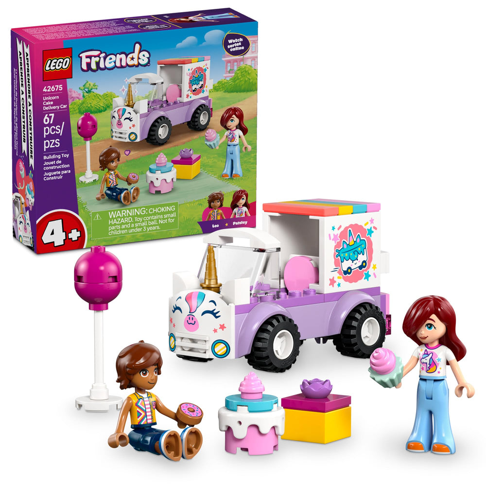 LEGO Friends front view of unicorn cake delivery car showing colorful design and play value