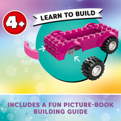Pink car with keyboard invites musical mini-games and movement.