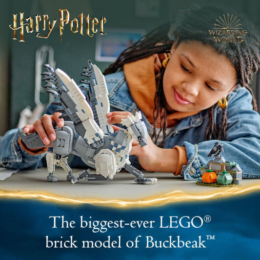 Buckbeak wings extended for flight poses, a dynamic LEGO display.