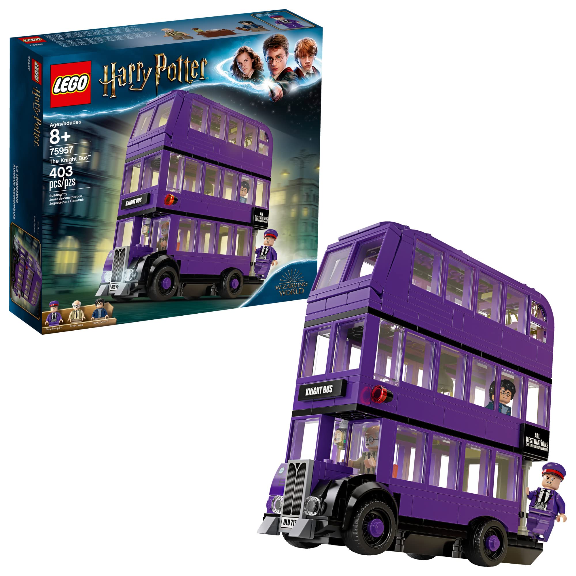 LEGO Knight Bus front view showing the purple three-level design for imaginative trips.