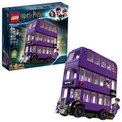 LEGO Knight Bus front view showing the purple three-level design for imaginative trips.