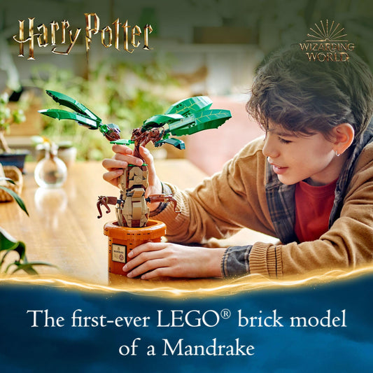 LEGO Harry Potter Mandrake plant toy in pot for decorative display.