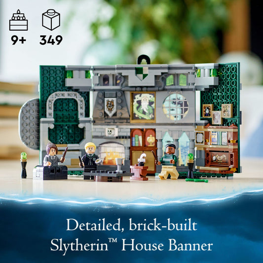 LEGO Harry Potter Slytherin banner opened to reveal cozy common room play area.