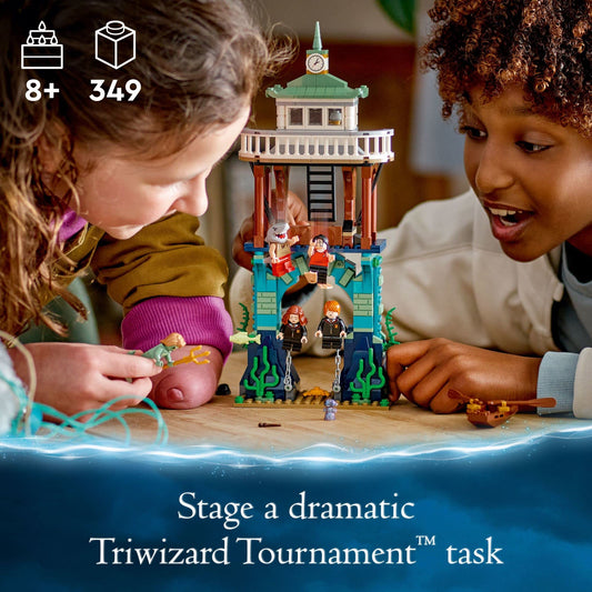 LEGO Harry Potter Triwizard arch ruin underwater scene with floating minifigures