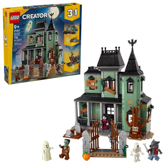 LEGO Creator 3-in-1 Haunted Mansion front gate opening for spooky play.