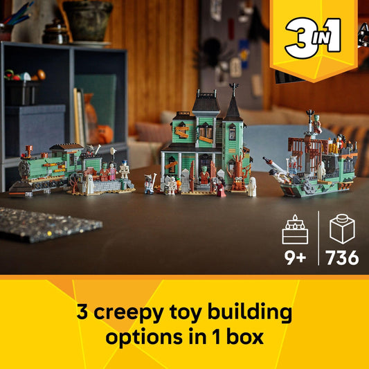 LEGO Creator 3-in-1 Haunted Mansion graveyard scene sparks storytelling.