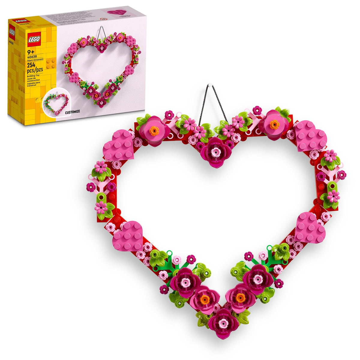 LEGO Heart Ornament finished with flowers, a decorative keepsake