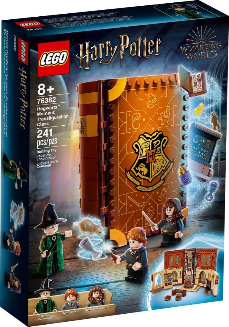 LEGO Harry Potter Hogwarts Moment Transfiguration book opens to reveal a classroom for portable play