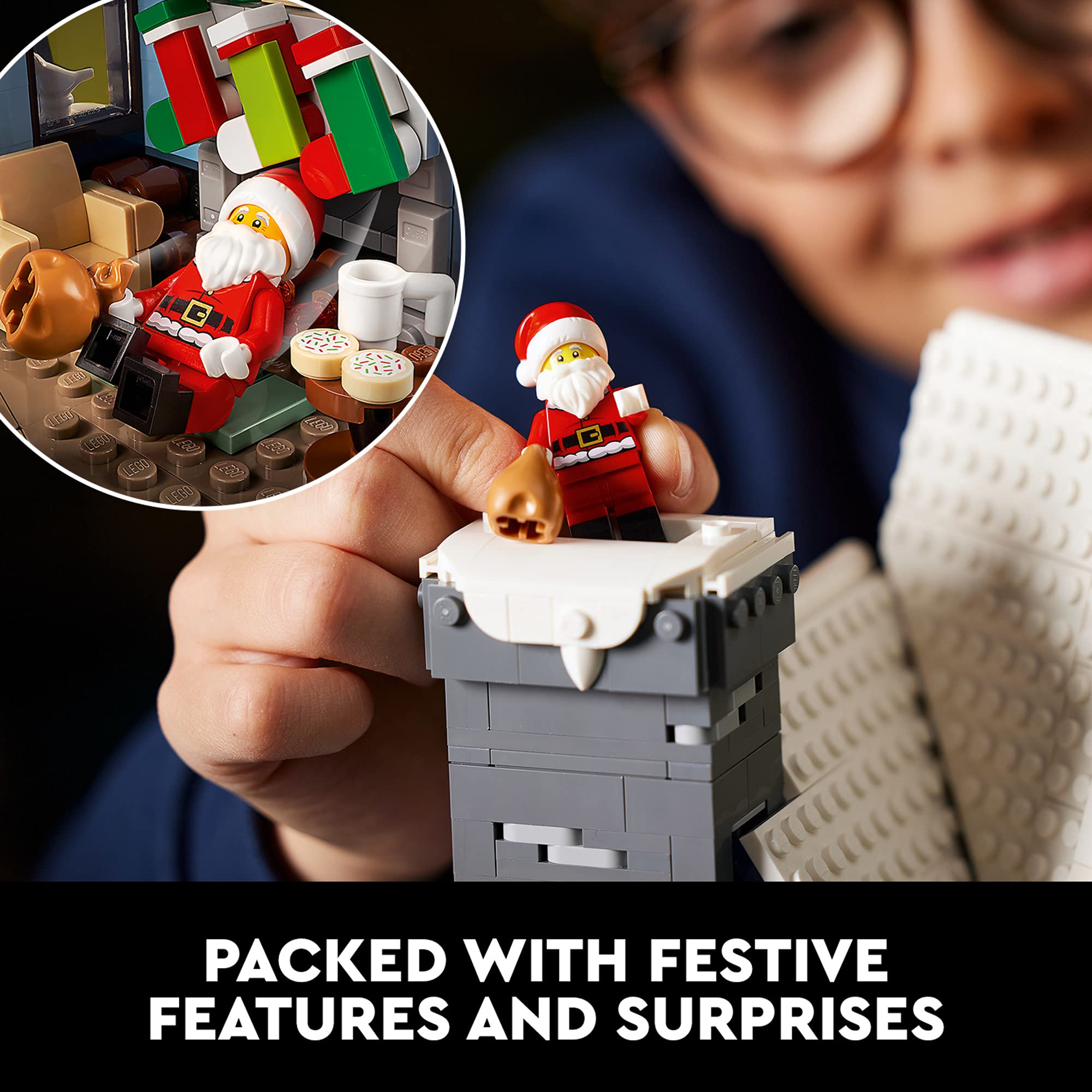 LEGO Icons Santa's Visit fireplace with stockings creates warm Christmas ambiance.