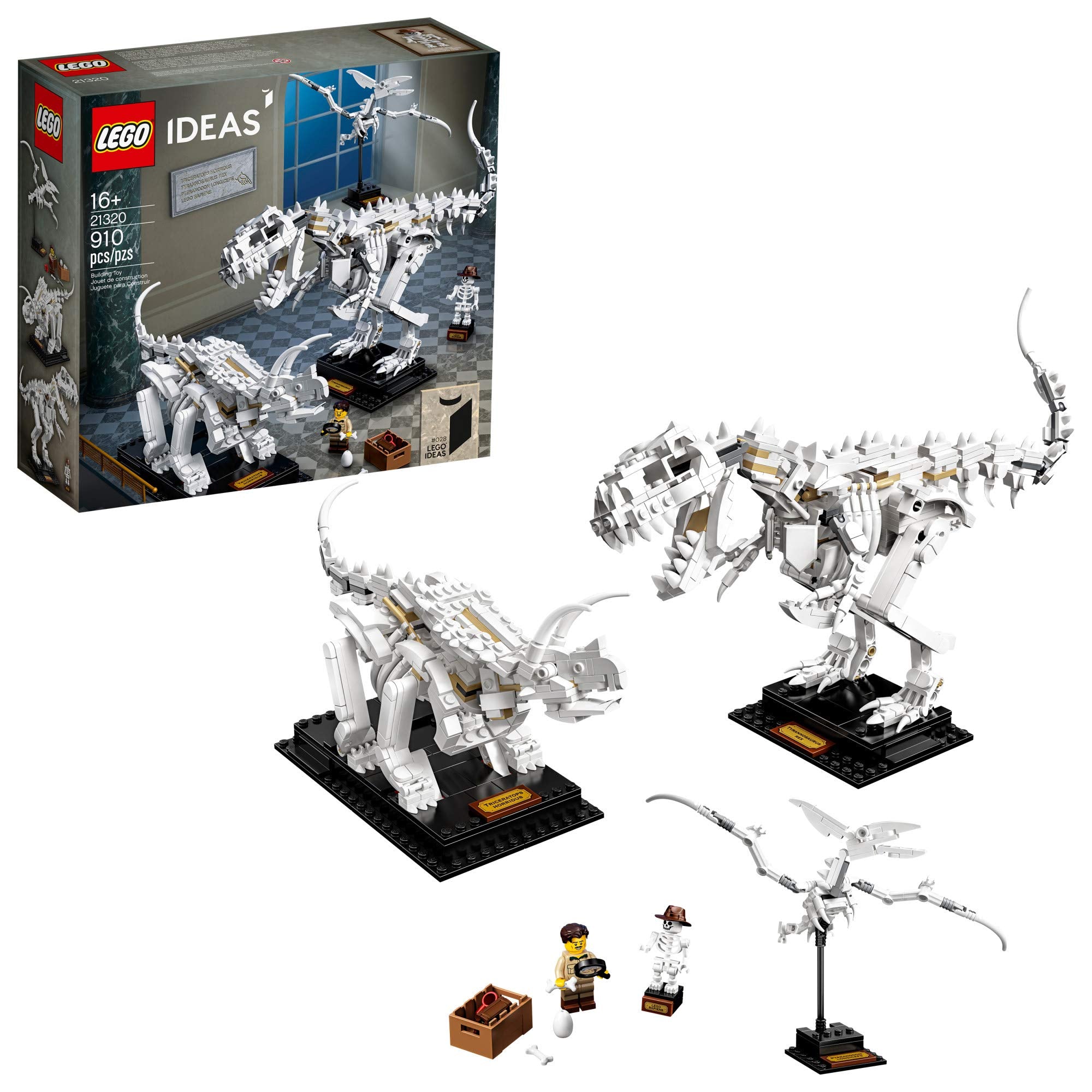 LEGO Ideas 21320 T-Rex skeleton on display stand for a museum-like centerpiece.