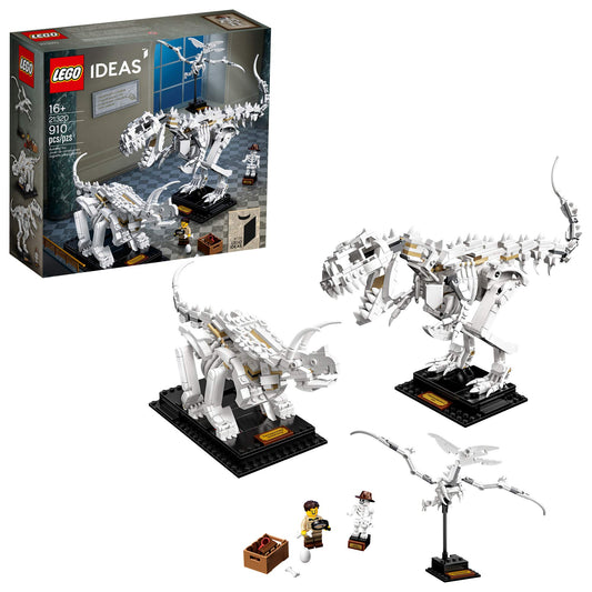 LEGO Ideas 21320 T-Rex skeleton on display stand for a museum-like centerpiece.