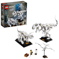 LEGO Ideas 21320 T-Rex skeleton on display stand for a museum-like centerpiece.