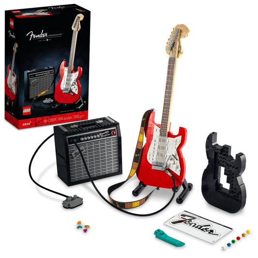 LEGO Ideas Fender Stratocaster 21329 guitar model on display; display-worthy centerpiece.