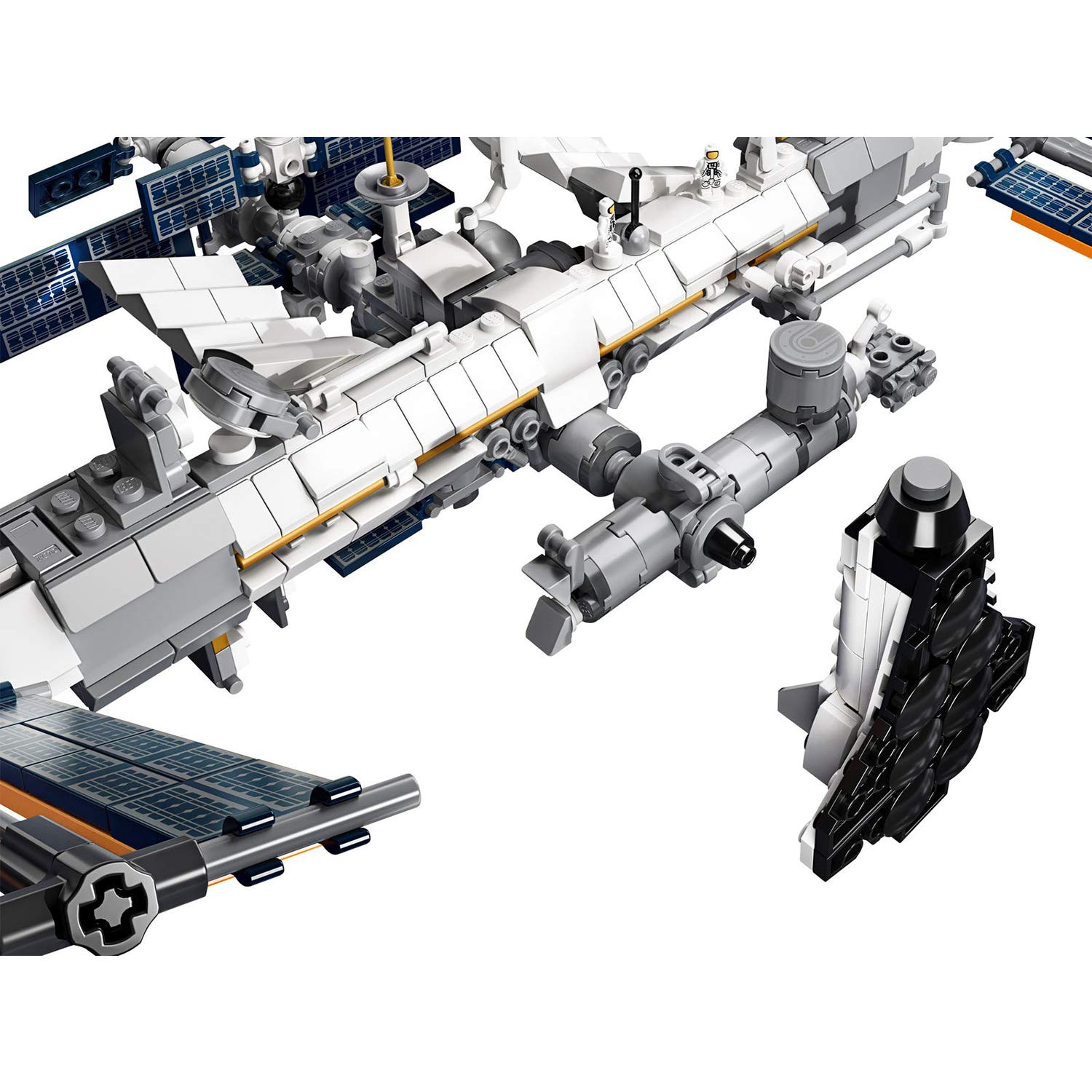 LEGO Ideas ISS 21321 display stand elevates the centerpiece on a desk.