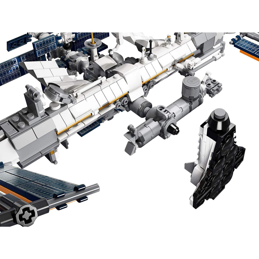LEGO Ideas ISS 21321 display stand elevates the centerpiece on a desk.