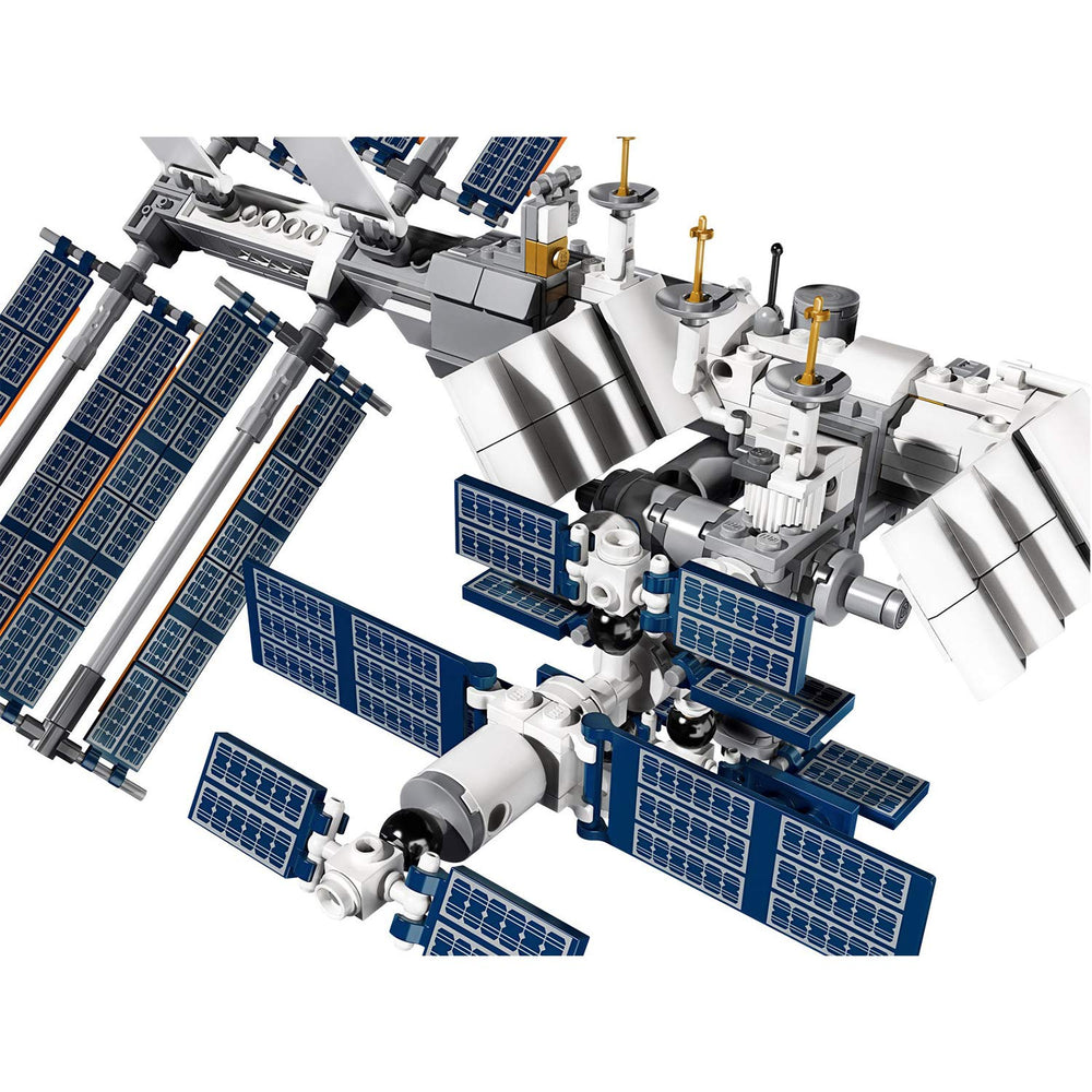 LEGO Ideas ISS 21321 three cargo spacecrafts complete orbital display.