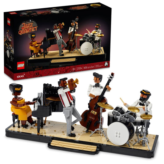 LEGO Ideas Jazz Quartet stage display with four musicians for stylish home decor.