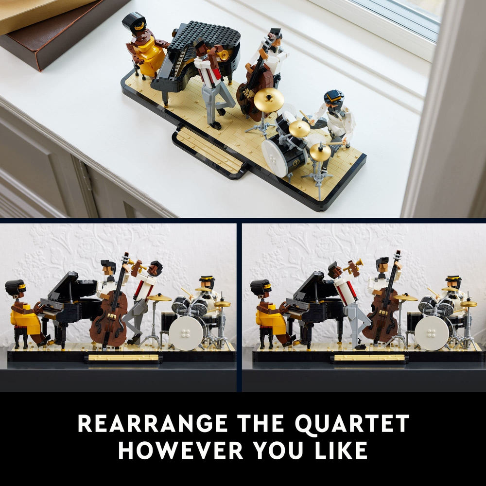 LEGO Ideas Jazz Quartet trumpet display creates an eye-catching music-inspired focal point.