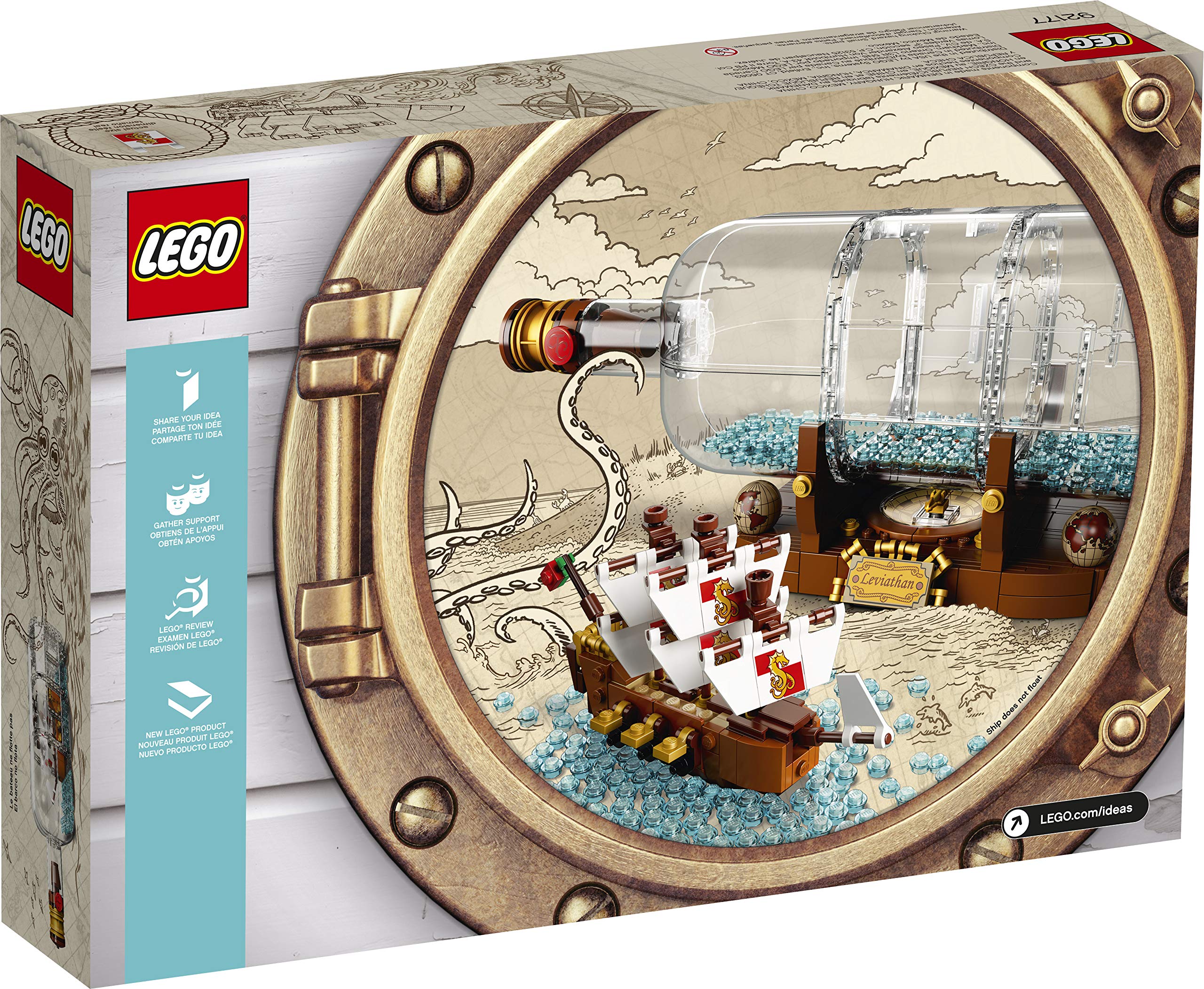 LEGO Ideas Ship in a Bottle globe and compass-rose display feature.