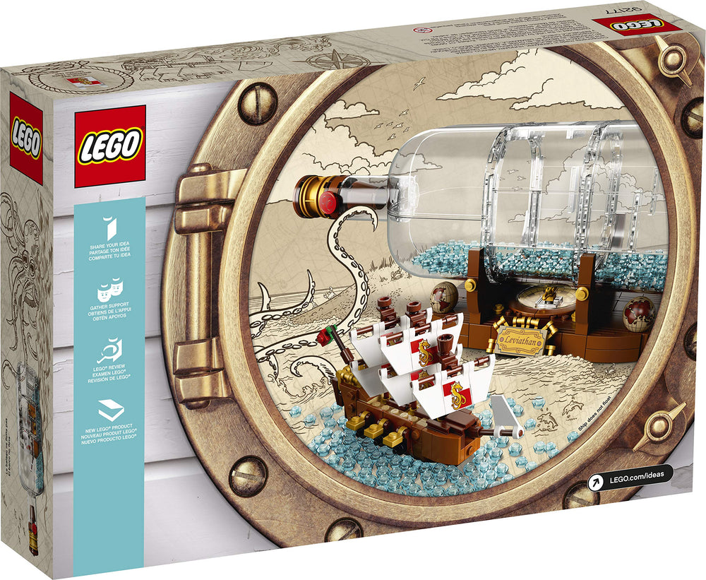 LEGO Ideas Ship in a Bottle globe and compass-rose display feature.