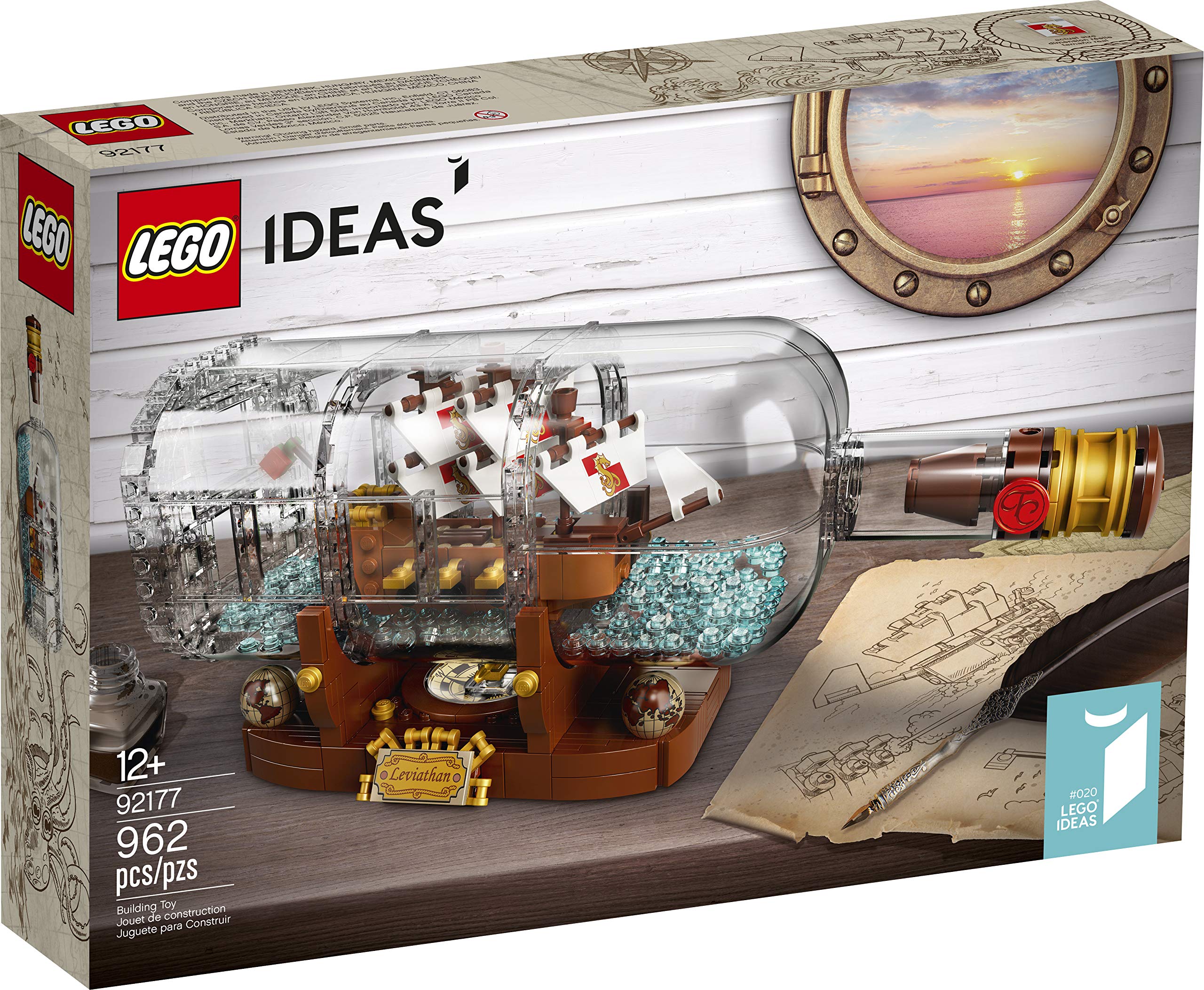 LEGO Ideas Ship in a Bottle sails and flag detail adds nautical charm.